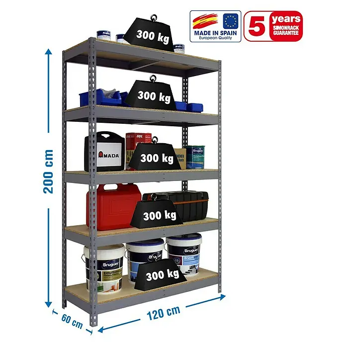 Simonrack Bricoforte Estantería para cargas pesadas Chipboard - L x An x Al: 60 x 120 x 200 cm, Capacidad de carga: 300 kg/balda, Número de baldas: 5 ud., Gris, Material balda: Metal - Dibujo técnico
