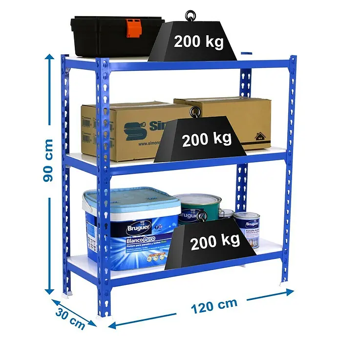 Simonrack Simonclick Estantería metálica Megaplus - L x An x Al: 30 x 120 x 90 cm, Capacidad de carga: 200 kg/balda, Número de baldas: 3 ud., Inserción, Azul/Blanco - Dibujo técnico