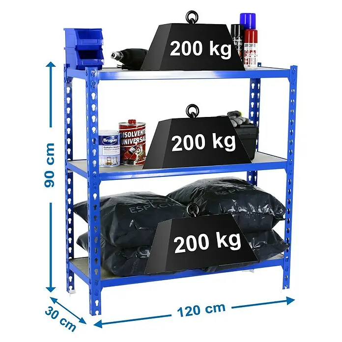 Simonrack Maderclick Estantería metálica Megaplus - L x An x Al: 30 x 120 x 90 cm, Capacidad de carga: 200 kg/balda, Número de baldas: 3 ud., Inserción, Azul - Dibujo técnico