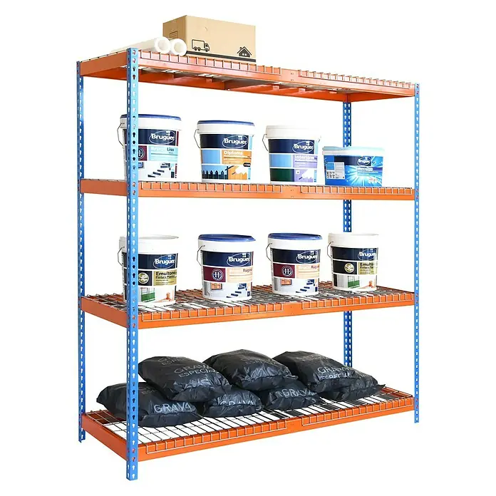Simonrack Ecoforte Systemregal Rex - L x B x H: 60 x 180 x 250 cm, Traglast: 400 kg/Boden, Anzahl Böden: 4 Stk., Stecken, Blau/Orange - Diagonale Ansicht