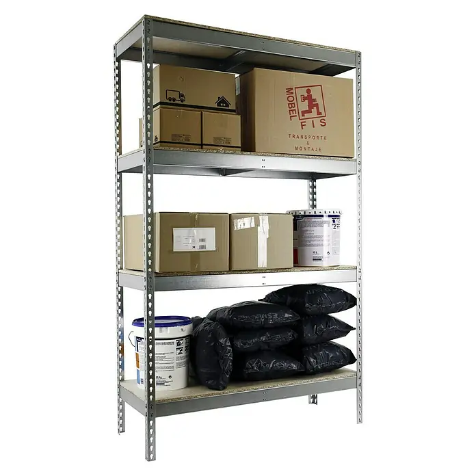 Simonrack Simonforte Estantería para cargas pesadas Chipboard - L x An x Al: 60 x 210 x 200 cm, Capacidad de carga: 600 kg/balda, Número de baldas: 4 ud., Galvanizado - Producto en uso