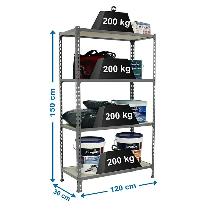 Simonrack Maderclick Estantería metálica Megaplus - L x An x Al: 30 x 120 x 150 cm, Capacidad de carga: 200 kg/balda, Número de baldas: 4 ud., Inserción, Gris - Dibujo técnico