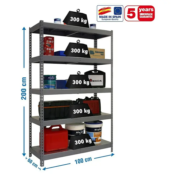 Simonrack Bricoforte Estantería para cargas pesadas Metal - L x An x Al: 60 x 100 x 200 cm, Capacidad de carga: 300 kg/balda, Número de baldas: 5 ud., Gris, Material balda: Metal - Dibujo técnico