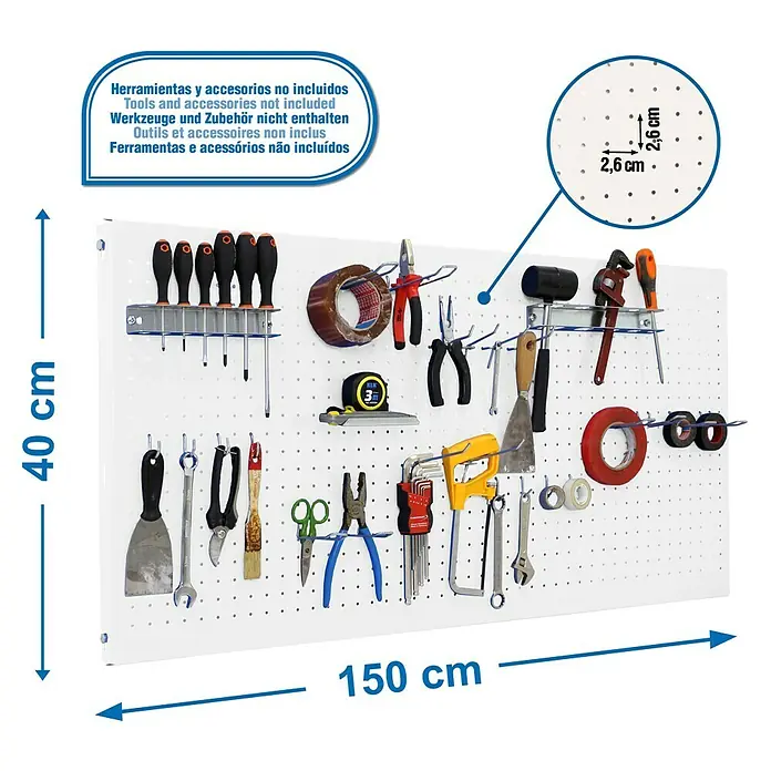 Simonrack Panelclick Panel perforado con 22 ganchos - L x An: 150 x 40 cm, Blanco - Dibujo técnico