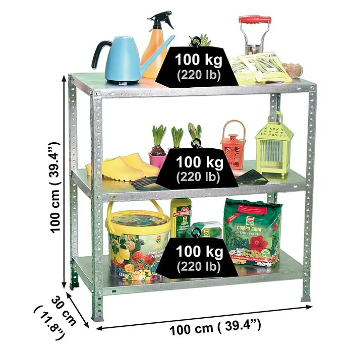 Simonrack Comfort Estantería metálica Plus - L x An x Al: 30 x 100 x 100 cm, Capacidad de carga: 100 kg/balda, Número de baldas: 3 ud., Atornillado, Galvanizado - Dibujo técnico