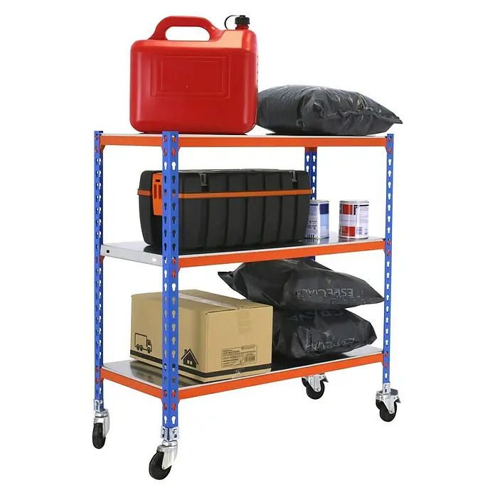 Simonrack Simonclick Estantería metálica Mobile Mini - L x An x Al: 50 x 80 x 90 cm, Capacidad de carga: 75 kg/balda, Número de baldas: 3 ud., Inserción, Azul/Naranja - Producto en uso
