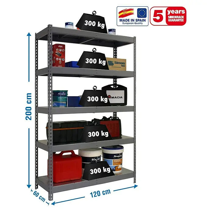 Simonrack Bricoforte Estantería para cargas pesadas Metal - L x An x Al: 60 x 120 x 200 cm, Capacidad de carga: 300 kg/balda, Número de baldas: 5 ud., Gris, Material balda: Metal - Dibujo técnico