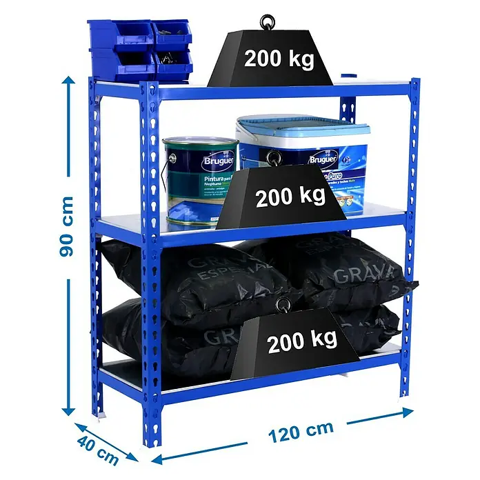 Simonrack Simonclick Estantería metálica Megaplus - L x An x Al: 40 x 120 x 90 cm, Capacidad de carga: 200 kg/balda, Número de baldas: 3 ud., Inserción, Azul - Dibujo técnico