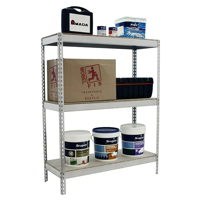 Simonrack Ecoforte Estantería para cargas pesadas Chipboard - L x An x Al: 45 x 120 x 150 cm, Capacidad de carga: 400 kg/balda, Número de baldas: 3 ud., Galvanizado - Producto en uso