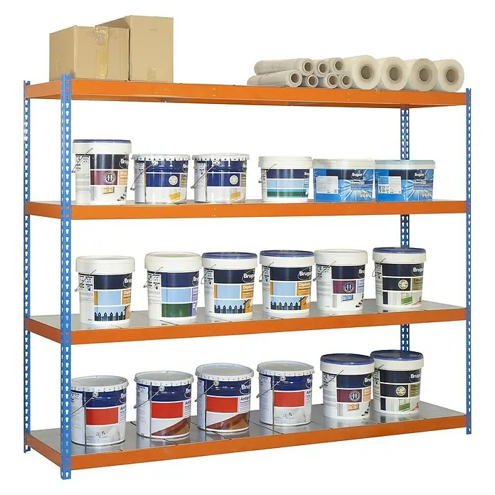 Simonrack Ecoforte Estructura de estantería Metal - L x An x Al: 75 x 180 x 200 cm, Capacidad de carga: 400 kg/balda, Número de baldas: 4 ud., Azul/Naranja/Galvanizado - Vista angular