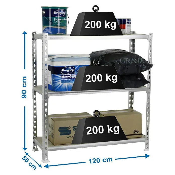 Simonrack Maderclick Estantería metálica Megaplus - L x An x Al: 50 x 120 x 90 cm, Capacidad de carga: 200 kg/balda, Número de baldas: 3 ud., Inserción, Galvanizado - Dibujo técnico