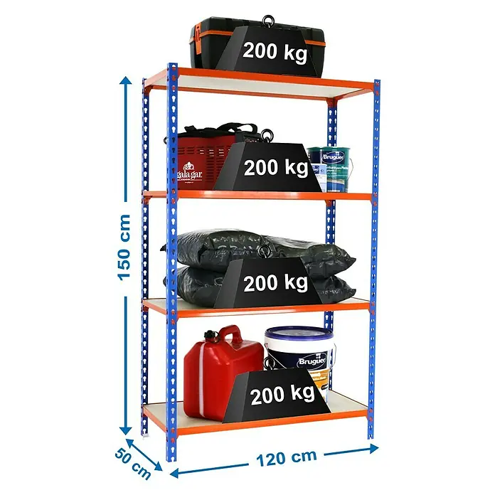 Simonrack Maderclick Estantería metálica Megaplus - L x An x Al: 50 x 120 x 150 cm, Capacidad de carga: 200 kg/balda, Número de baldas: 4 ud., Inserción, Azul/Naranja - Dibujo técnico