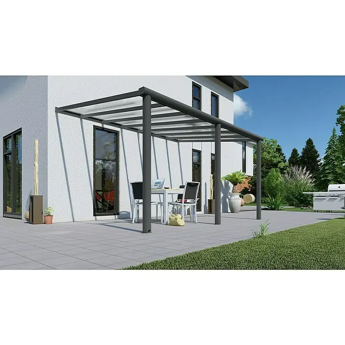 Terrassenüberdachung Compact Line - L x T: 424 cm x 250 cm, Polycarbonat, Anthrazitgrau, Transparent - Stimmungsaufnahme