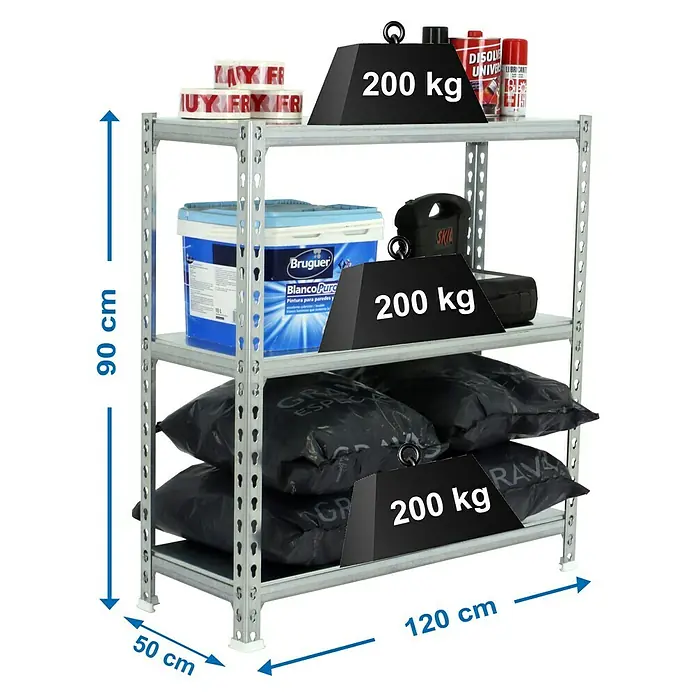Simonrack Simonclick Estantería metálica Megaplus - L x An x Al: 50 x 120 x 90 cm, Capacidad de carga: 200 kg/balda, Número de baldas: 3 ud., Inserción, Galvanizado - Dibujo técnico