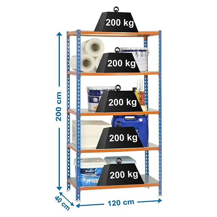 Simonrack Simonclick Estantería metálica Megaplus - L x An x Al: 40 x 120 x 200 cm, Capacidad de carga: 200 kg/balda, Número de baldas: 5 ud., Inserción, Azul/Naranja - Dibujo técnico