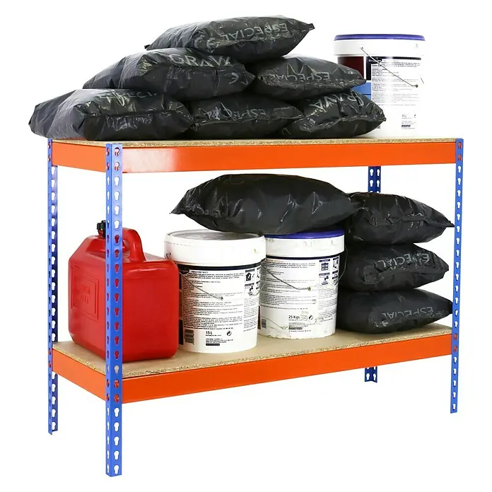 Simonrack Simonforte Estantería para cargas pesadas Chipboard - L x An x Al: 75 x 150 x 90 cm, Capacidad de carga: 600 kg/balda, Número de baldas: 2 ud., Azul/Naranja - Vista angular