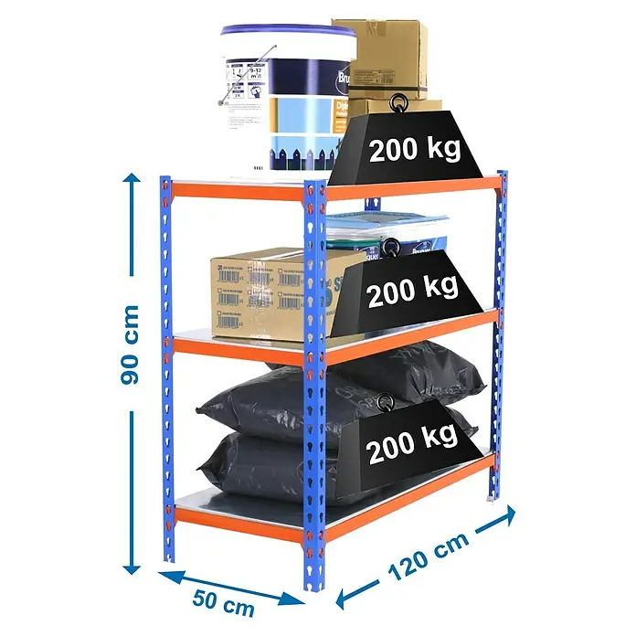 Simonrack Simonclick Estantería metálica Megaplus - L x An x Al: 50 x 120 x 90 cm, Capacidad de carga: 200 kg/balda, Número de baldas: 3 ud., Inserción, Azul/Naranja - Dibujo técnico