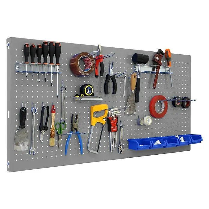 Simonrack Panelclick Panel perforado con 22 ganchos y 8 accesorios - L x An: 150 x 60 cm, Gris - Vista angular