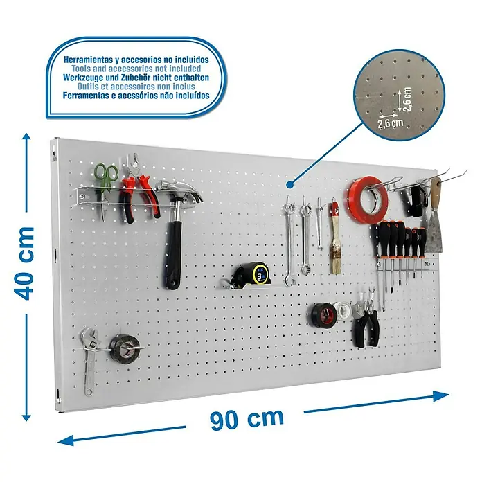 Simonrack Panelclick Panel perforado con 14 ganchos - L x An: 90 x 40 cm, Galvanizado - Dibujo técnico