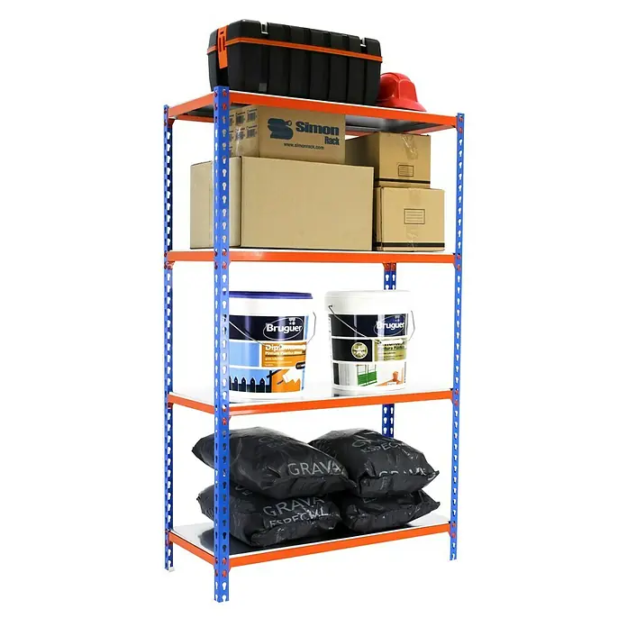 Simonrack Simonclick Estantería metálica Megaplus - L x An x Al: 30 x 120 x 150 cm, Capacidad de carga: 200 kg/balda, Número de baldas: 4 ud., Inserción, Azul/Naranja - Vista angular