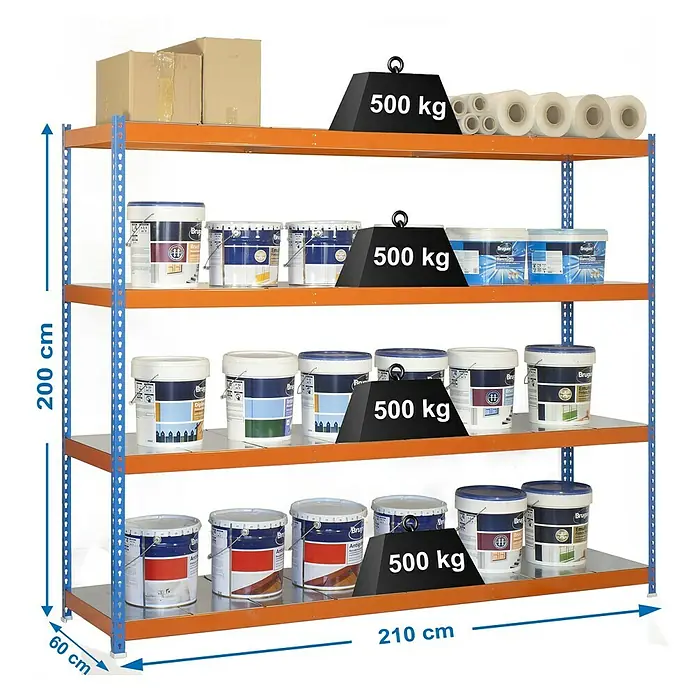 Simonrack Simonforte Estantería para cargas pesadas Metal - L x An x Al: 60 x 210 x 200 cm, Capacidad de carga: 600 kg/balda, Número de baldas: 4 ud., Azul/Naranja - Dibujo técnico