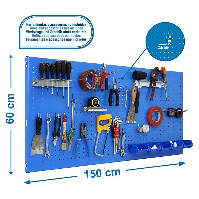 Simonrack Panelclick Panel perforado con 22 ganchos y 8 accesorios - L x An: 150 x 60 cm, Azul - Dibujo técnico