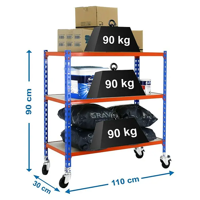 Simonrack Maderclick Estantería metálica Mobile Superplus - L x An x Al: 30 x 110 x 97,5 cm, Capacidad de carga: 75 kg/balda, Número de baldas: 3 ud., Inserción, Azul/Naranja - Dibujo técnico