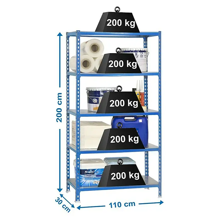 Simonrack Simonclick Estantería metálica Superplus - L x An x Al: 30 x 110 x 200 cm, Capacidad de carga: 200 kg/balda, Número de baldas: 5 ud., Inserción, Azul - Dibujo técnico