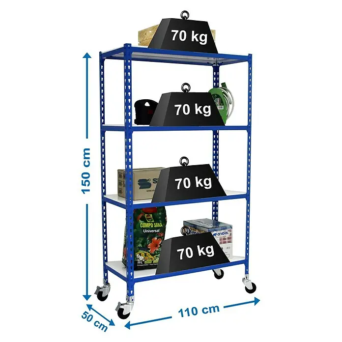 Simonrack Simonclick Estantería metálica Mobile Superplus - L x An x Al: 50 x 110 x 157,5 cm, Capacidad de carga: 75 kg/balda, Número de baldas: 4 ud., Inserción, Azul/Blanco - Dibujo técnico