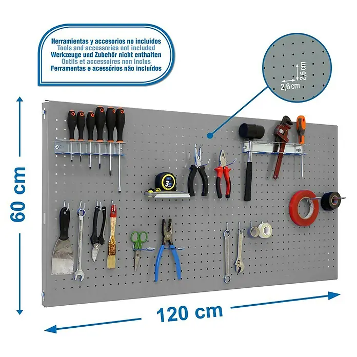 Simonrack Panelclick Panel perforado con 14 ganchos - L x An: 120 x 60 cm, Gris - Dibujo técnico