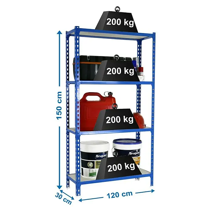 Simonrack Maderclick Estantería metálica Megaplus - L x An x Al: 30 x 120 x 150 cm, Capacidad de carga: 200 kg/balda, Número de baldas: 4 ud., Inserción, Azul - Dibujo técnico
