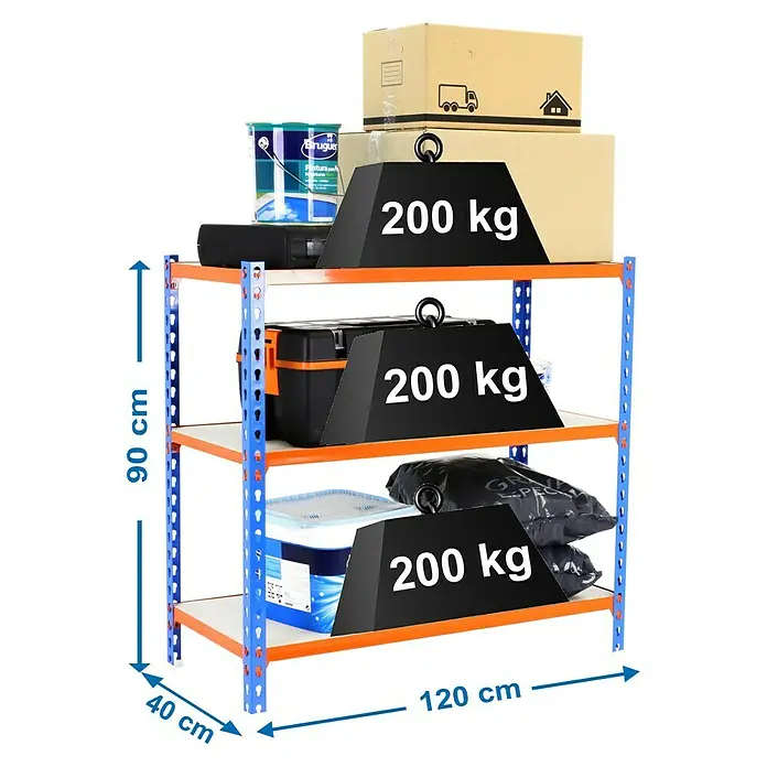 Simonrack Maderclick Estantería metálica Megaplus - L x An x Al: 40 x 120 x 90 cm, Capacidad de carga: 200 kg/balda, Número de baldas: 3 ud., Inserción, Azul/Naranja - Dibujo técnico