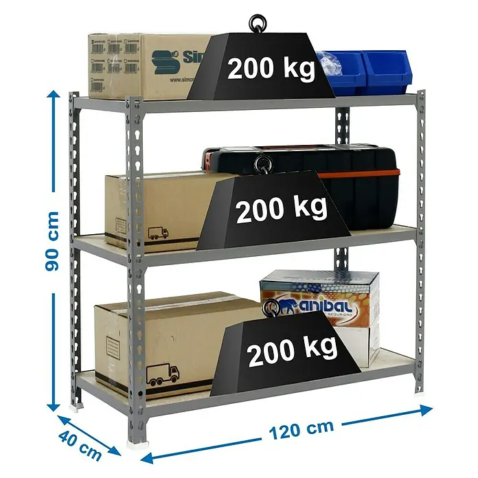 Simonrack Maderclick Estantería metálica Megaplus - L x An x Al: 40 x 120 x 90 cm, Capacidad de carga: 200 kg/balda, Número de baldas: 3 ud., Inserción, Gris - Dibujo técnico