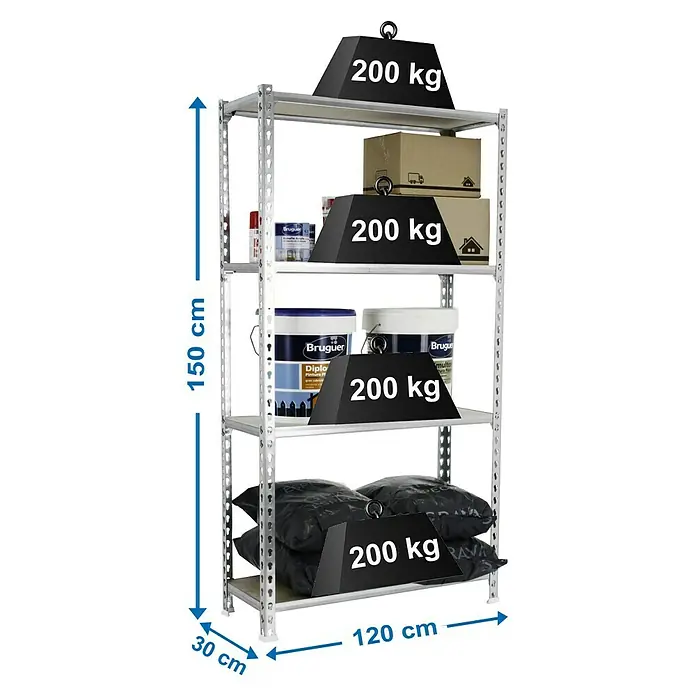 Simonrack Maderclick Estantería metálica Megaplus - L x An x Al: 30 x 120 x 150 cm, Capacidad de carga: 200 kg/balda, Número de baldas: 4 ud., Inserción, Galvanizado - Dibujo técnico