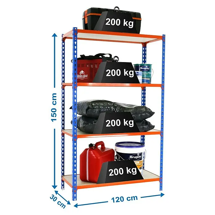 Simonrack Maderclick Estantería metálica Megaplus - L x An x Al: 30 x 120 x 150 cm, Capacidad de carga: 200 kg/balda, Número de baldas: 4 ud., Inserción, Azul/Naranja - Dibujo técnico