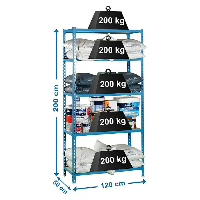 Simonrack Maderclick Estantería metálica Megaplus - L x An x Al: 50 x 120 x 200 cm, Capacidad de carga: 200 kg/balda, Número de baldas: 5 ud., Inserción, Azul - Dibujo técnico