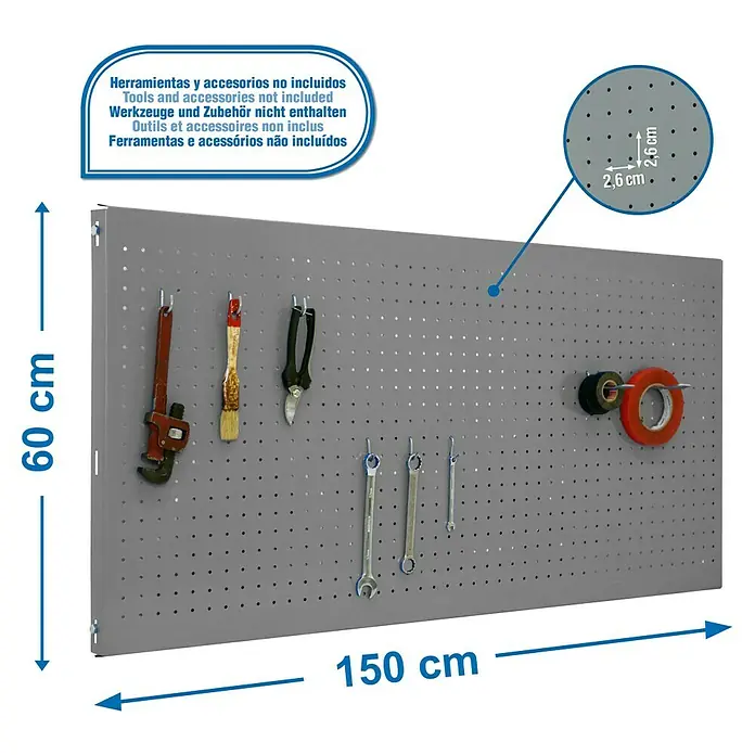 Simonrack Panelclick Panel perforado con 8 ganchos - L x An: 150 x 60 cm, Gris - Dibujo técnico