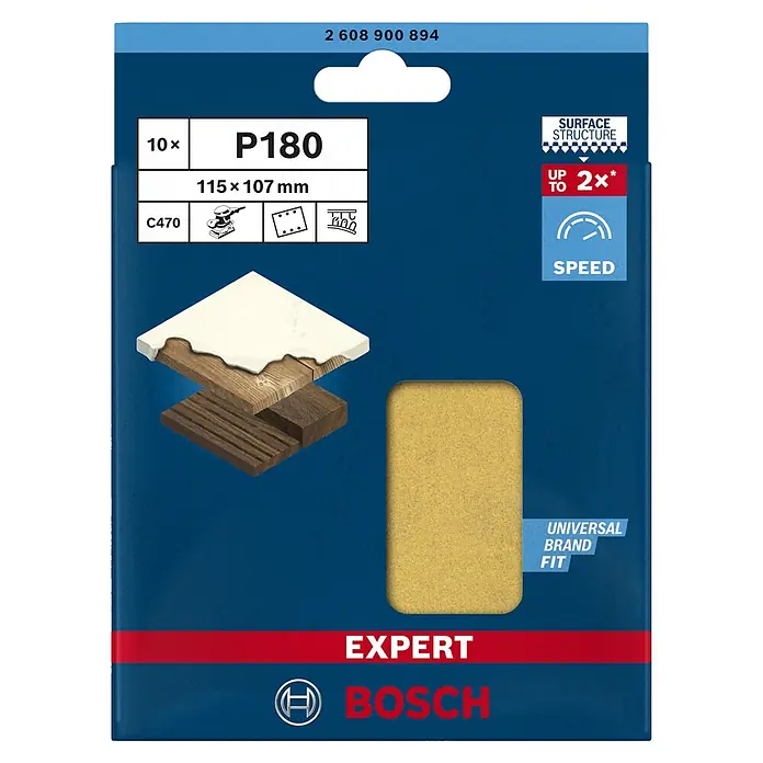 Bosch Expert Schleifblätter C470 - Körnung: 180, 115 x 107 mm, Klettbefestigung, 10 Stk. - Vorderansicht
