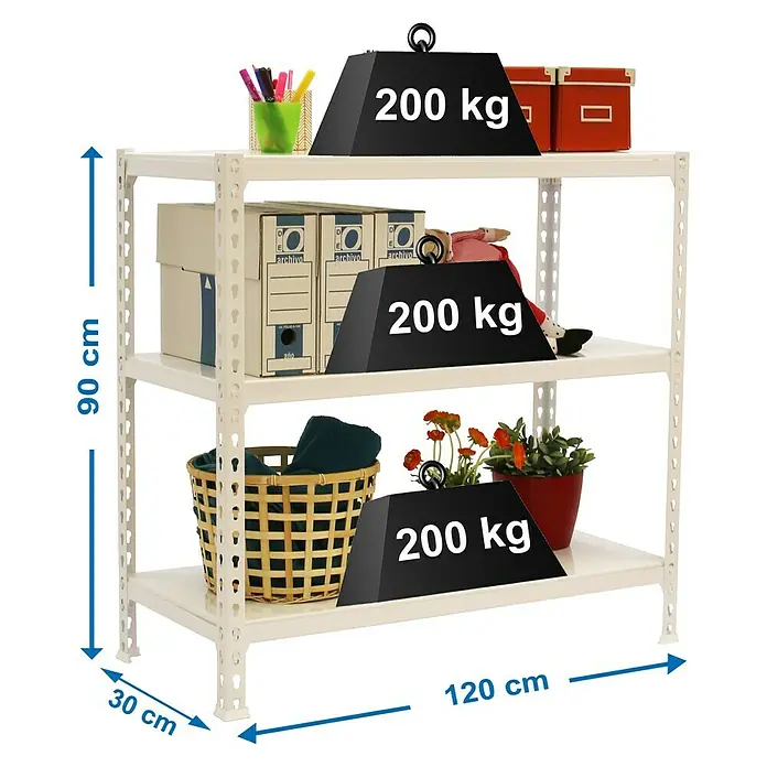 Simonrack Simonclick Estantería metálica Megaplus - L x An x Al: 30 x 120 x 90 cm, Capacidad de carga: 200 kg/balda, Número de baldas: 3 ud., Inserción, Blanco - Dibujo técnico