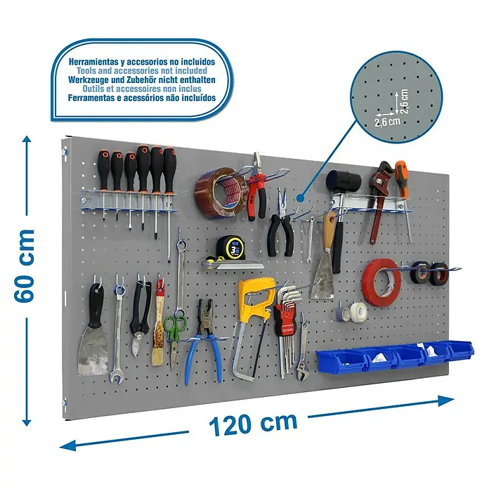 Simonrack Panelclick Panel perforado con 22 ganchos y 8 accesorios - L x An: 120 x 60 cm, Gris - Dibujo técnico