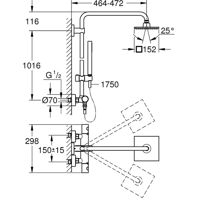Grohe Duschsystem Euphoria 150 - Mit Thermostatarmatur, Lochabstand: 101,6 cm, Anzahl Strahlarten: 1 Stk., Chrom - Skizze
