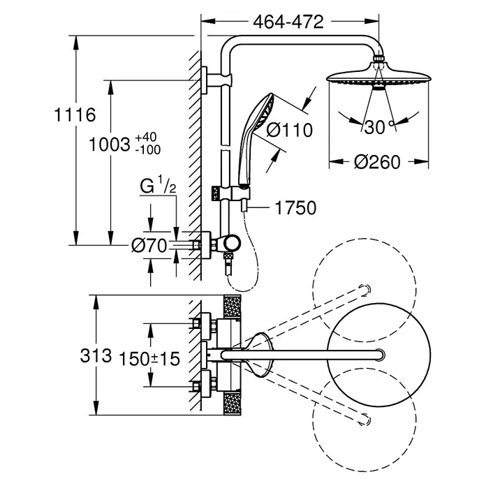 Grohe Vitalio Joy Sistema de ducha 260 - Con grifo termostático, Distancia entre orificios: 100,5 cm, Número de tipos de chorro: 3 ud., Cromo - Dibujo técnico