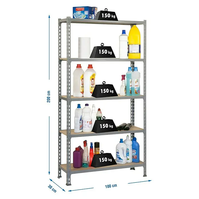 Simonrack Maderclick Estantería metálica Plus - L x An x Al: 30 x 100 x 200 cm, Capacidad de carga: 150 kg/balda, Número de baldas: 5 ud., Inserción, Gris - Dibujo técnico