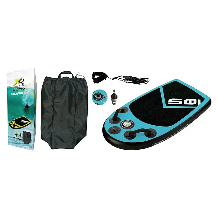 Bodyboard XQMax - L x An x Al: 105 x 60 x 10 cm, Apto para: 1 persona, Azul/Negro, Hinchable - Vista angular