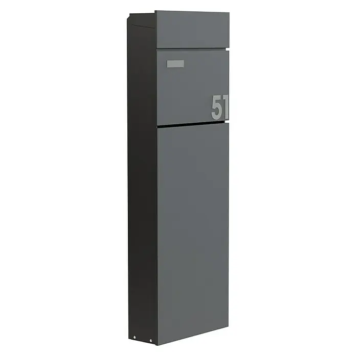 Standbriefkasten Maximus - L x B x H: 14 x 39,5 x 115 cm, Stahl, RAL 7016 - Diagonale Ansicht
