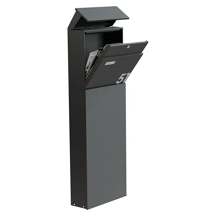 Standbriefkasten Maximus - L x B x H: 14 x 39,5 x 115 cm, Stahl, RAL 7016 - Diagonale Ansicht