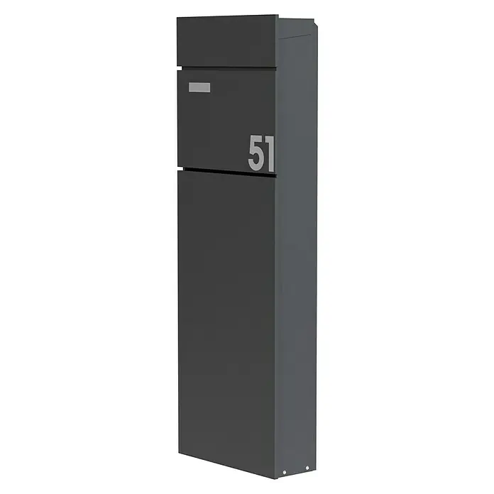 Standbriefkasten Maximus - L x B x H: 14 x 39,5 x 115 cm, Stahl, RAL 7016 - Diagonale Ansicht