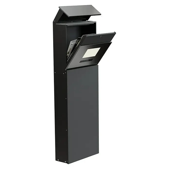 Standbriefkasten Maximus - L x B x H: 14 x 39,5 x 115 cm, RAL 7016, Solarhausnummer - Diagonale Ansicht