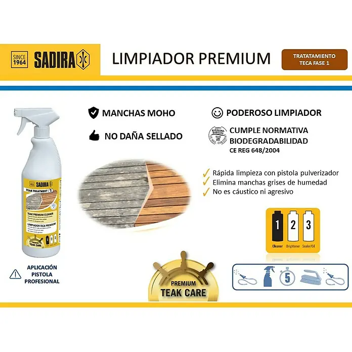 Sadira Limpiador de teca Fase 1 - 1 l - Producto en uso