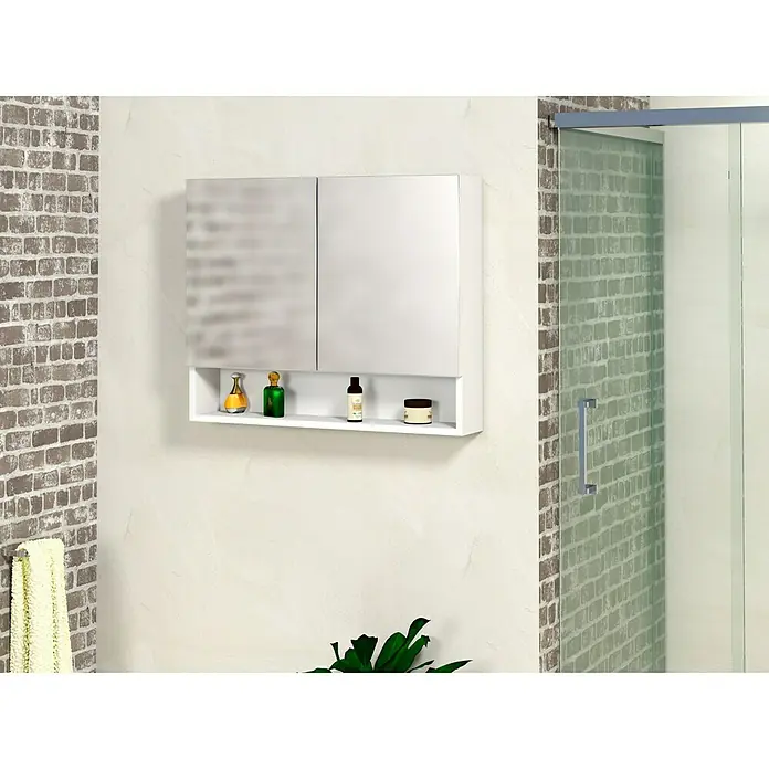 Armario con espejo Abi 2P - An x Al: 80 x 65 cm, Melamina, Blanco